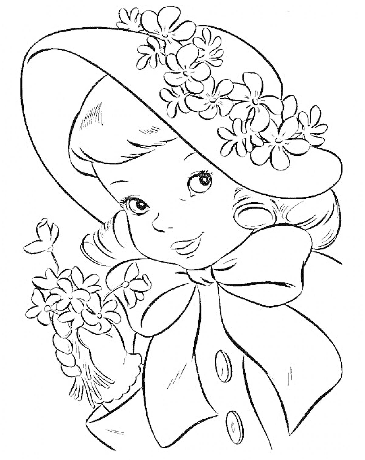 Раскраска Девочка в шляпе с цветами, держащая букет