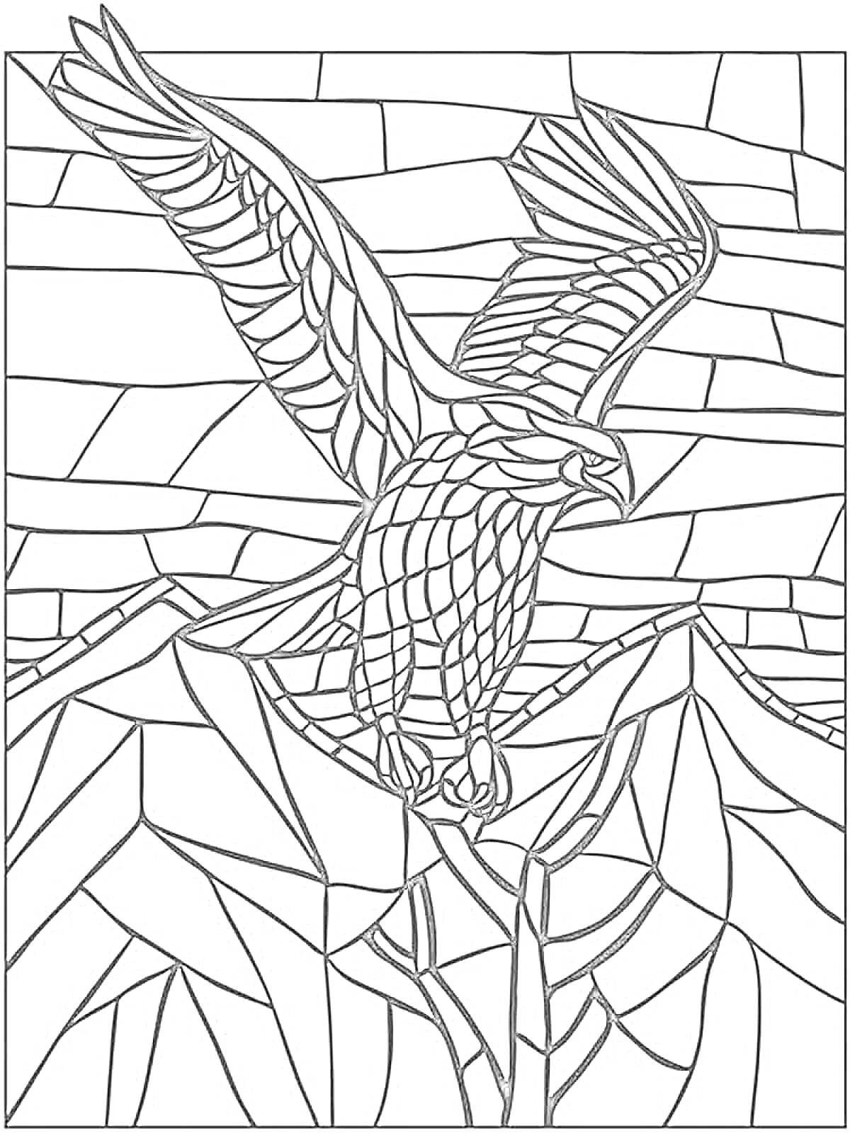 Раскраска Орел в полете над горами в стиле мозаики