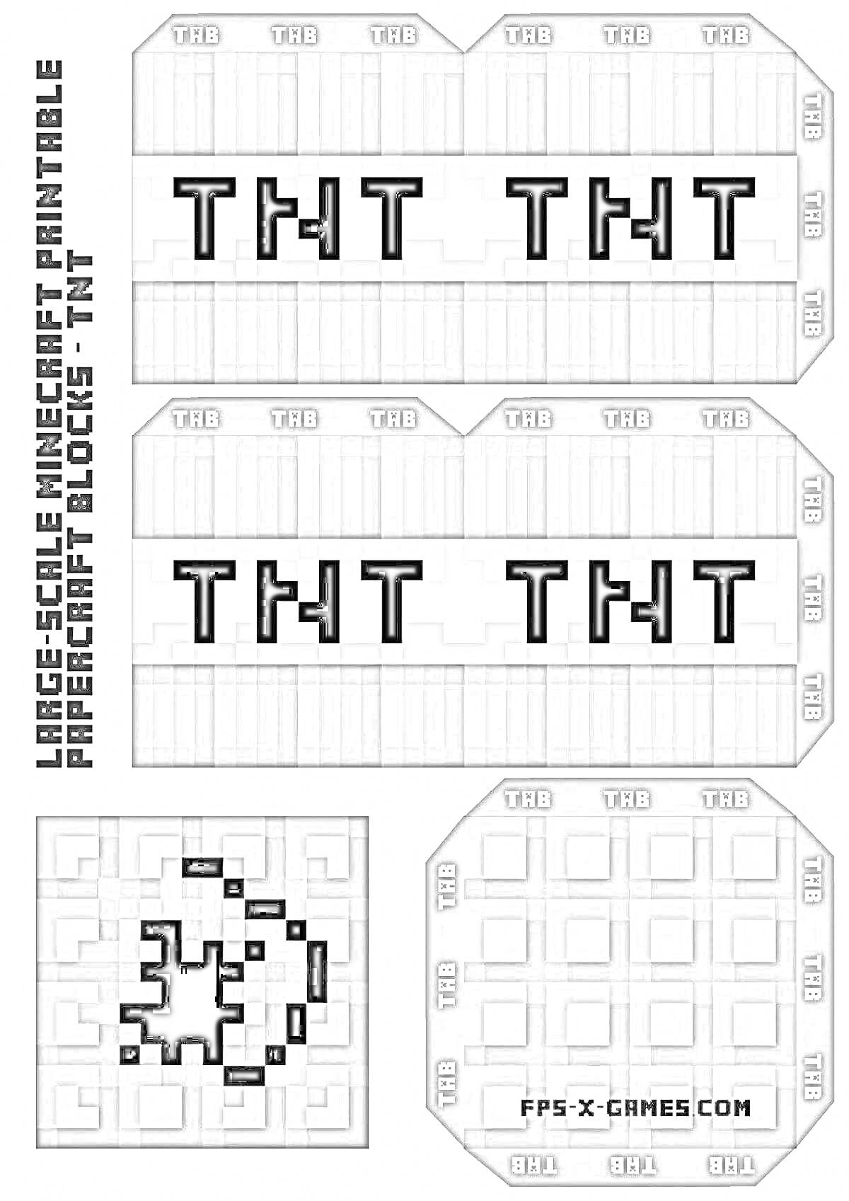 Раскраска Шаблоны для сборки бумажного динамита из игры Майнкрафт, включающие цельные отрезные детали, текстуру TNT и пиксельное воспламенение