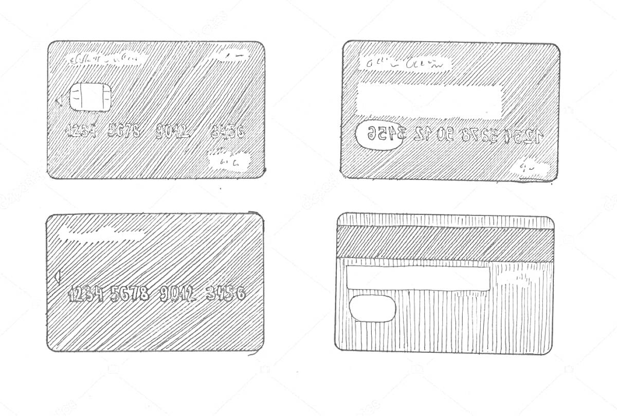 Четыре банковские карты с различными элементами: чип и логотип в левом верхнем углу первой карты, поле для подписи и магнитная полоса на второй карте, номер карты и логотип в левой верхней части третьей карты, магнитная полоса и полоса для подписи на задн