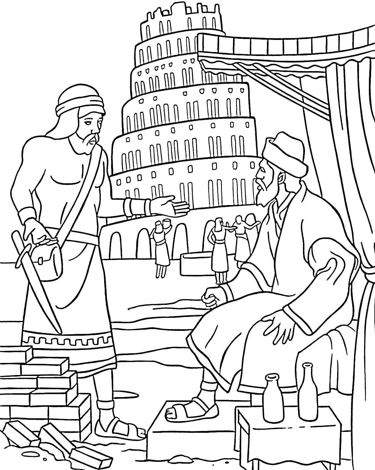 На раскраске изображено: Вавилонская башня, Строители, Архитектор, Историческая сцена