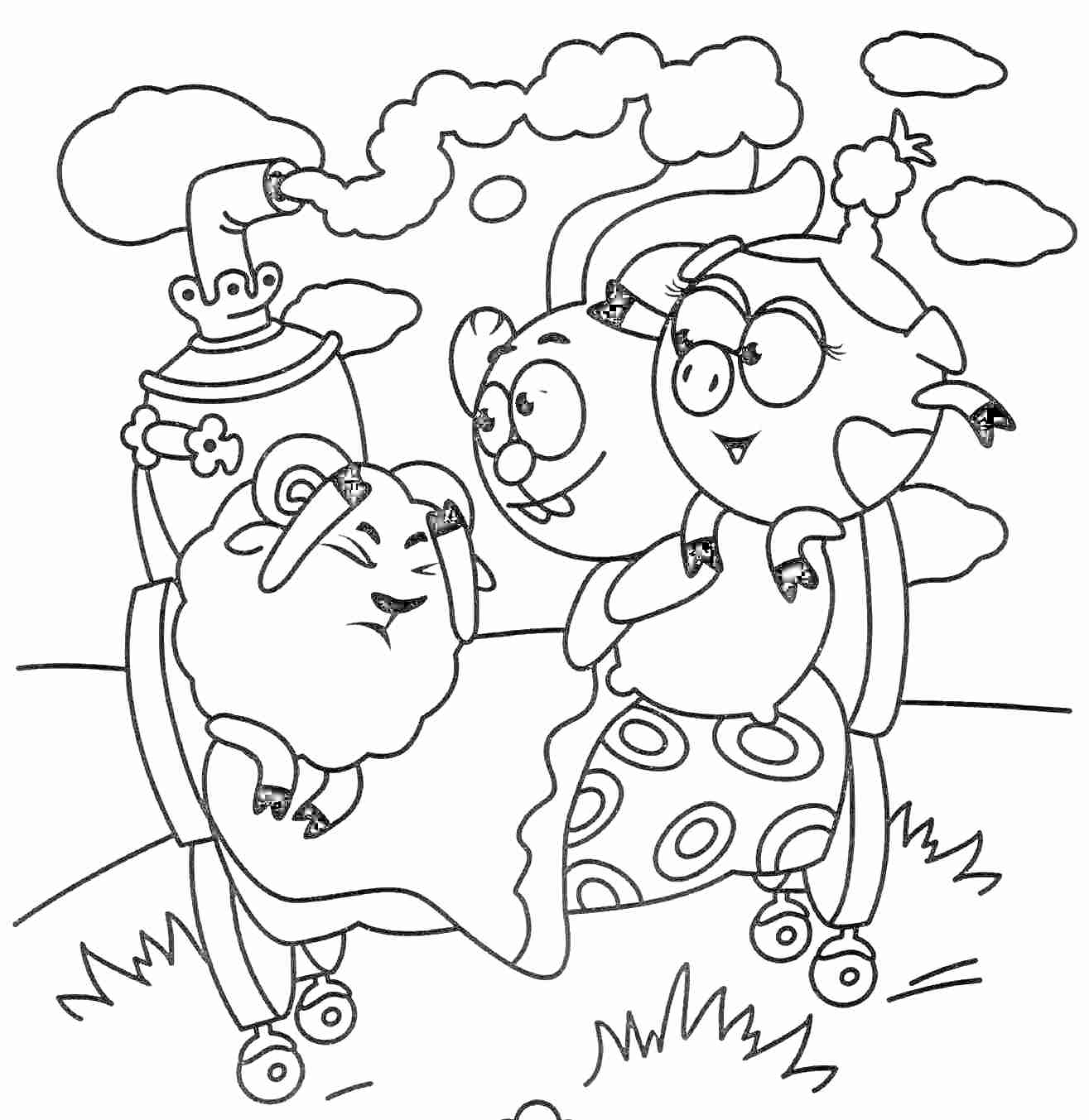 Раскраска Смешарики: Бараш, Крош и Совунья с самоваром на поляне