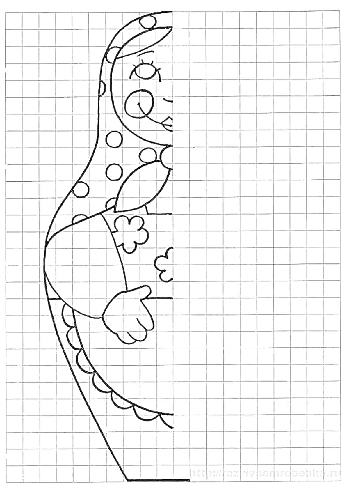 Раскраска Дорисуй половинку матрёшки с кругами и цветами, клетчатый фон