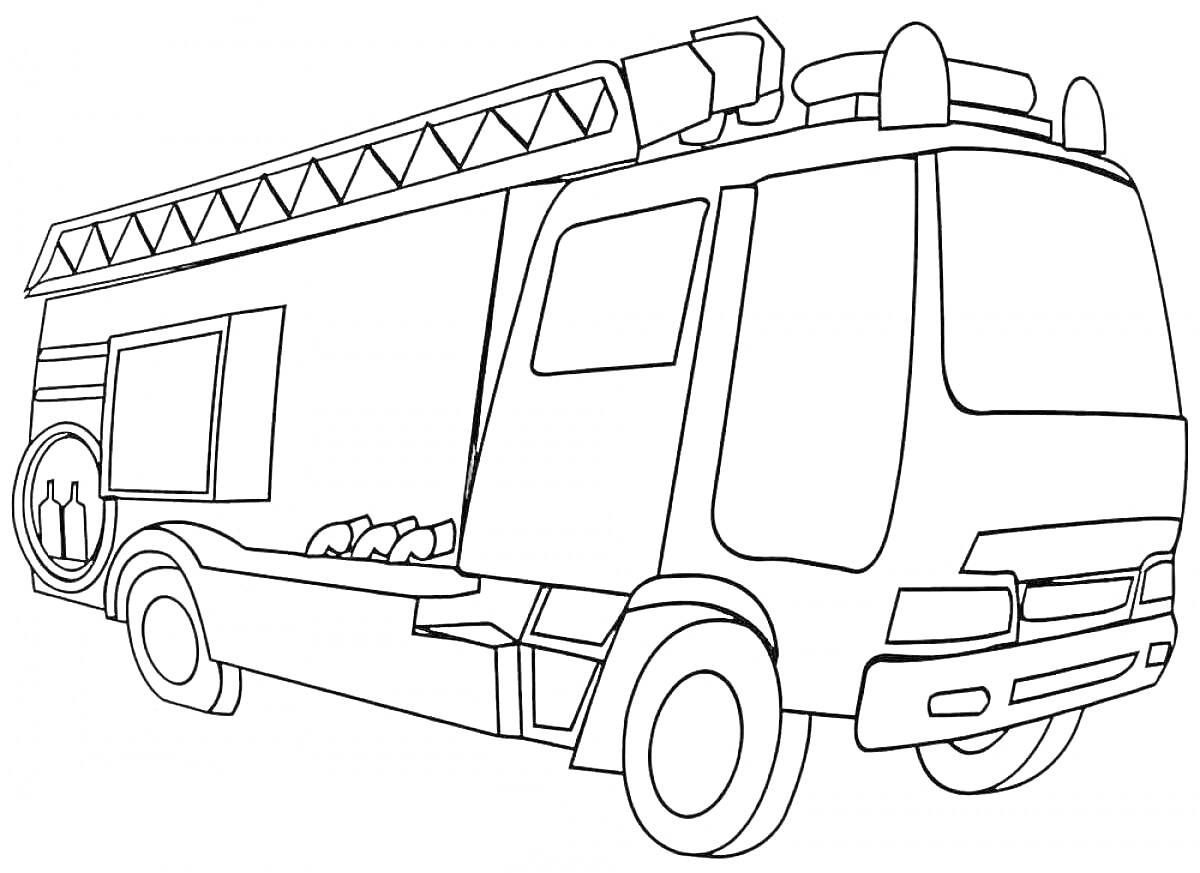 На раскраске изображено: Пожарная машина, Лестница, Транспорт, Для детей, Машины