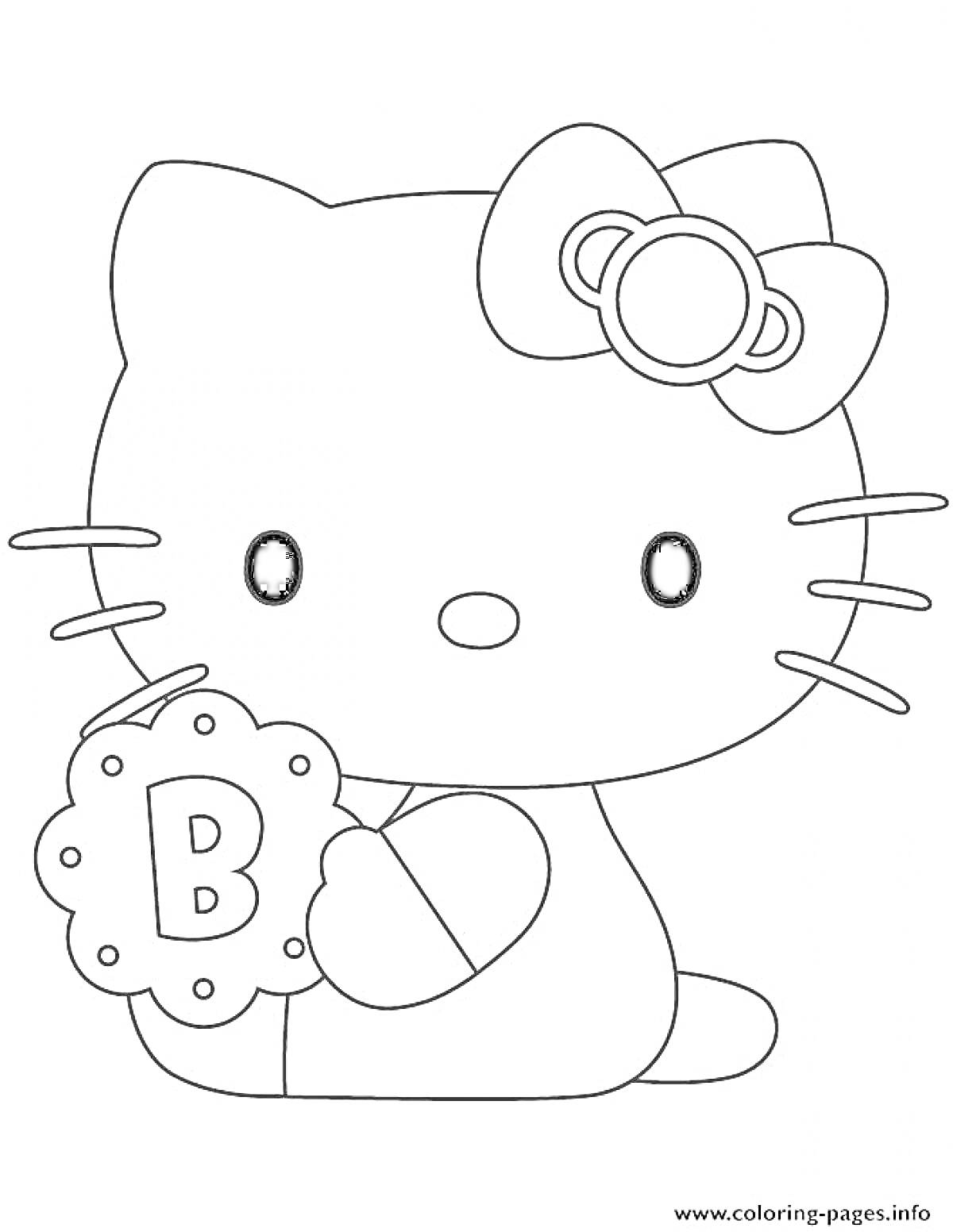 Раскраска Hello Kitty с бантом и печеньем в руке с буквой 