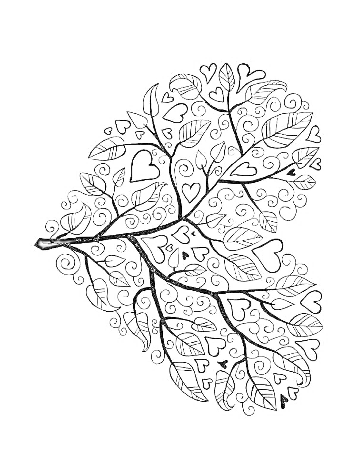 РаскраскаЛист с мотивами сердца, закругленными линиями и росчерками