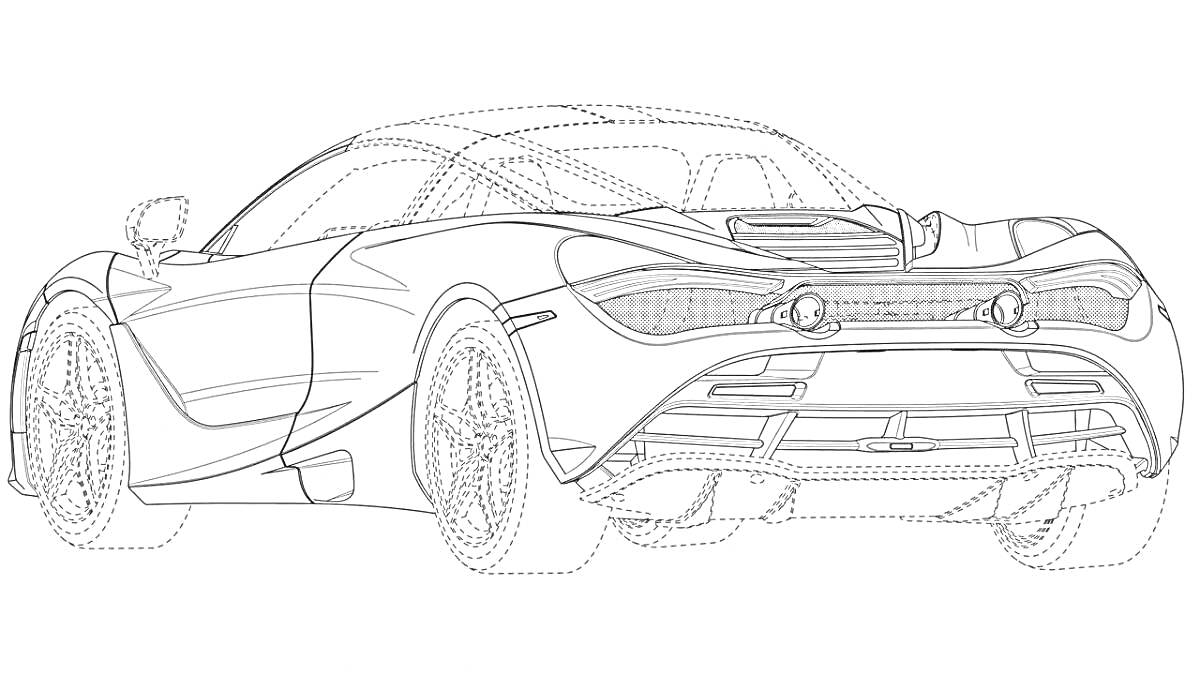 Машина Макларен - вид сзади с деталями колес, кузова, выхлопной системы и элементов заднего крыла