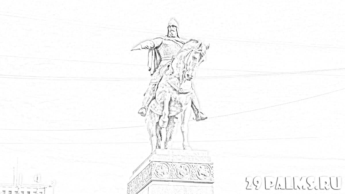 На раскраске изображено: Статуя, Лошадь, Постамент, Историческая личность, Москва, Князь