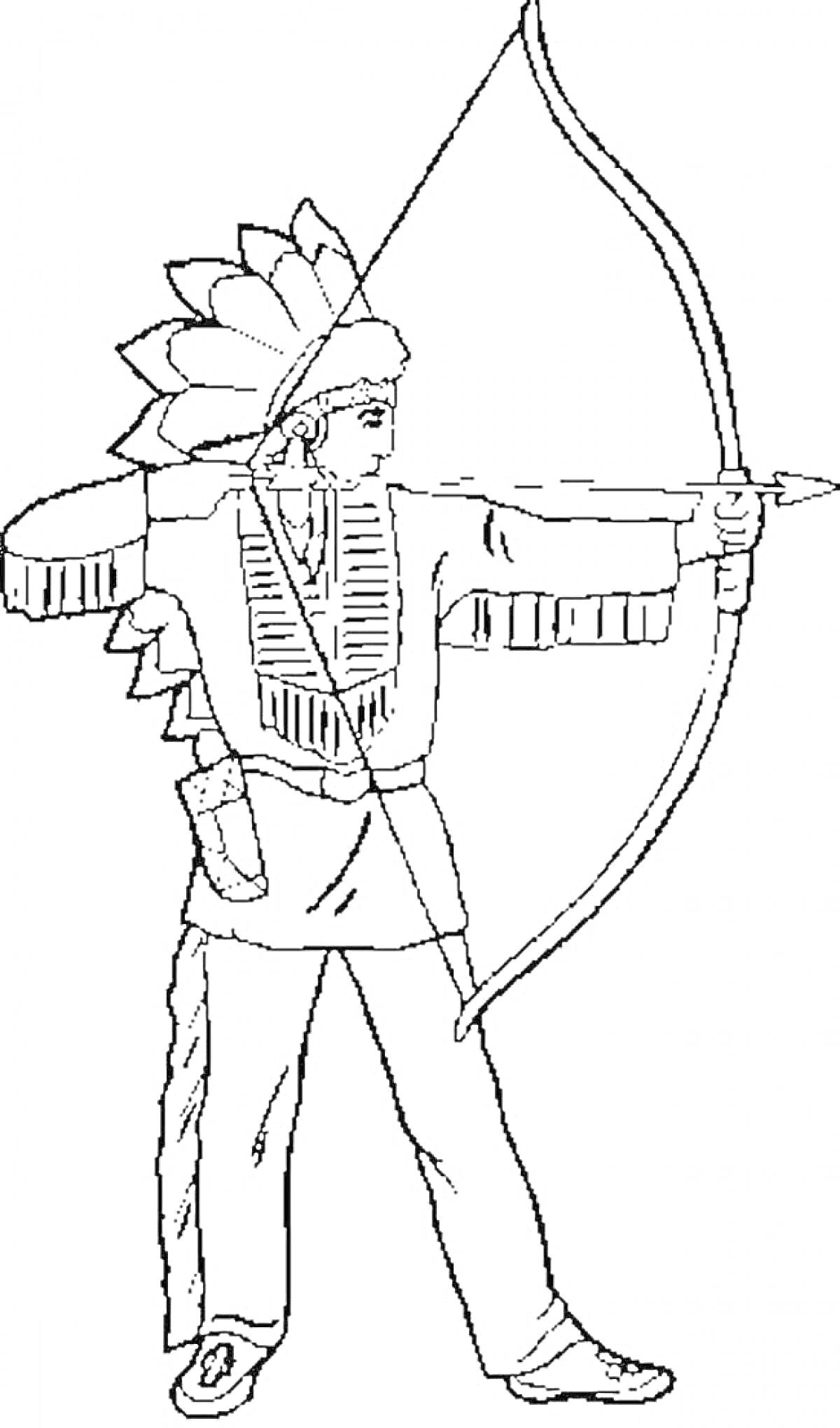 На раскраске изображено: Лук, Стрела, Оружие, Традиционная одежда, Головные уборы, Индейцы