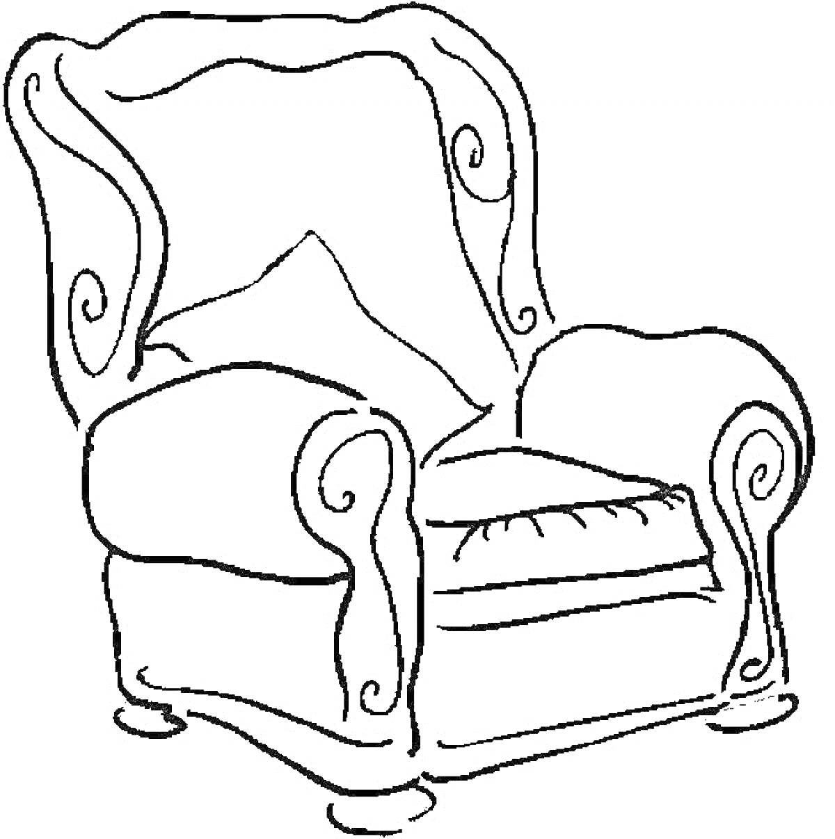 Раскраска Кресло с подушкой и витиеватыми узорами