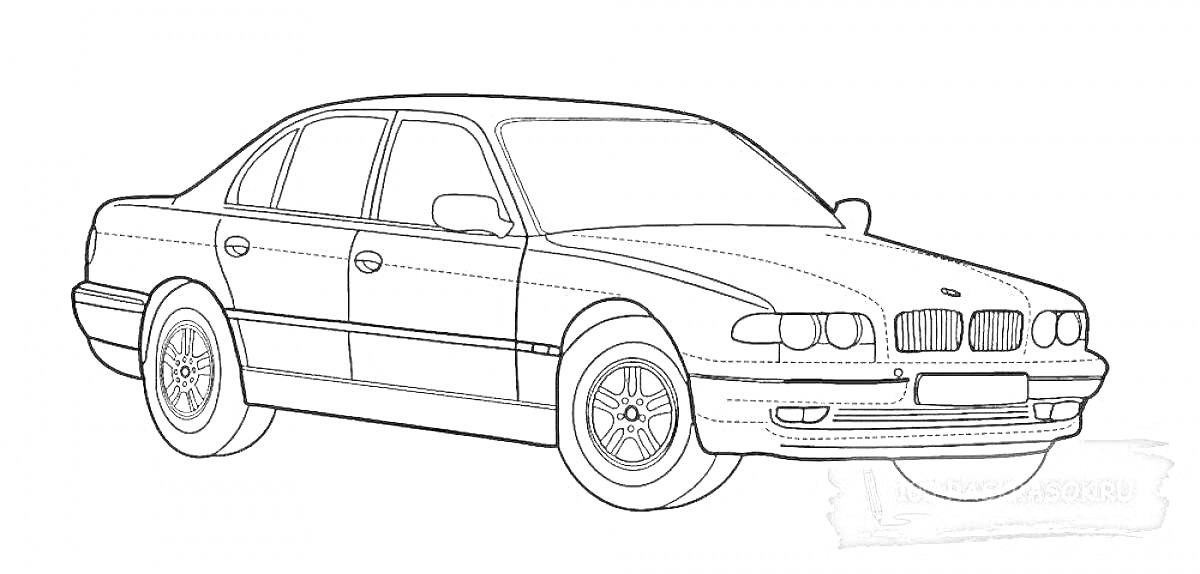 Раскраска BMW E34 - автомобиль, боковая проекция, передняя часть, колеса, дверь, окна, капот, фары, бампер, зеркала