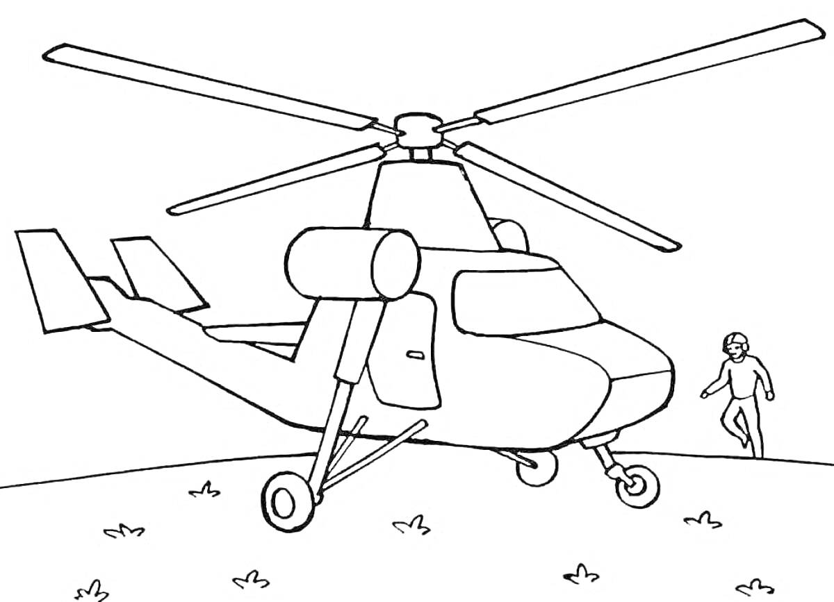 На раскраске изображено: Вертолет, Военная техника, Человек, Для детей, Воздушный транспорт, Поле