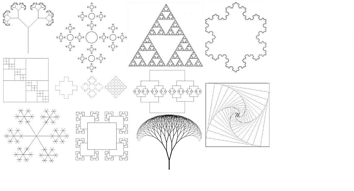 Разнообразие фракталов, включая фрактальное дерево, треугольник Серпинского, кривая Коха, кривая Гильберта и другие