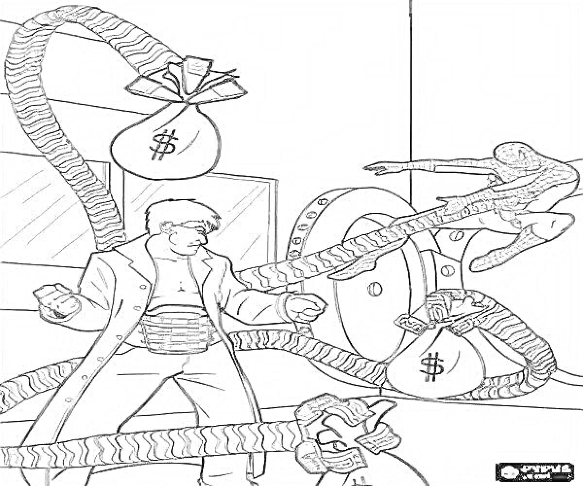 Раскраска Доктор Осьминог с механическими щупальцами против паука рядом с массивным сейфом, мешками с деньгами и разбитыми механизмами