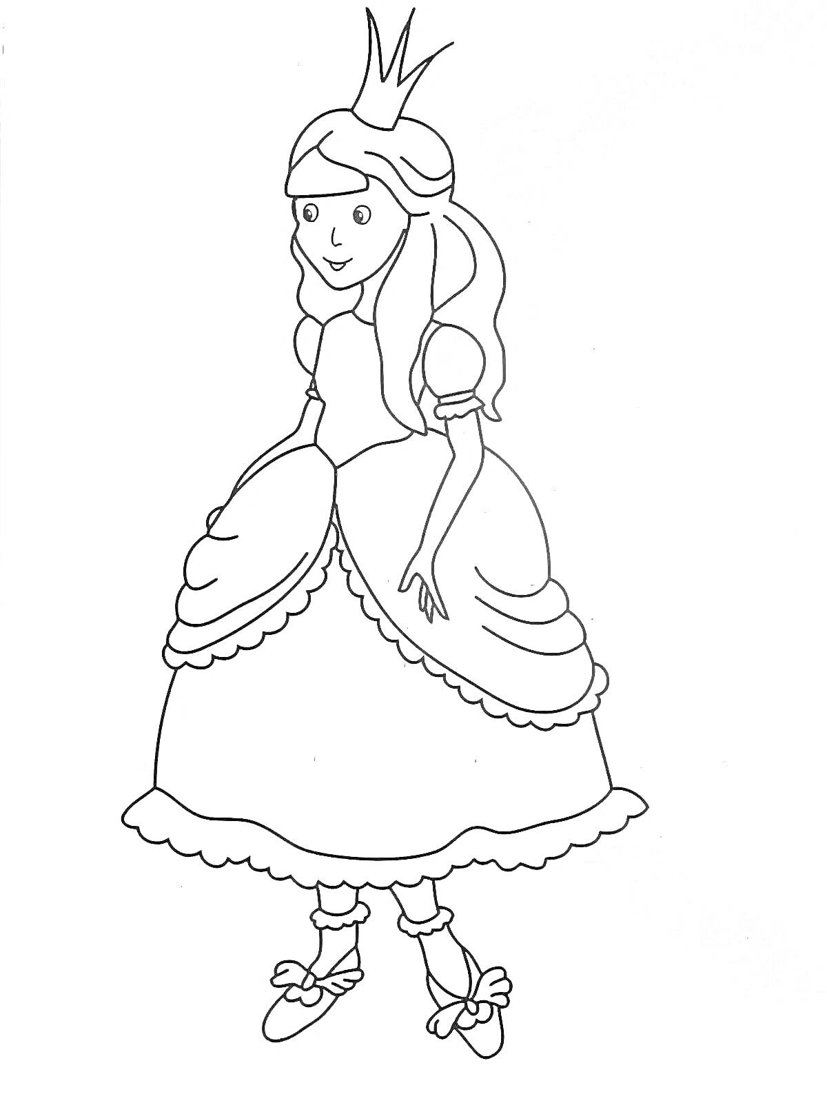 На раскраске изображено: Мальвина, Девочка, Платье, Корона, Туфли, Длинные волосы, Королевский наряд