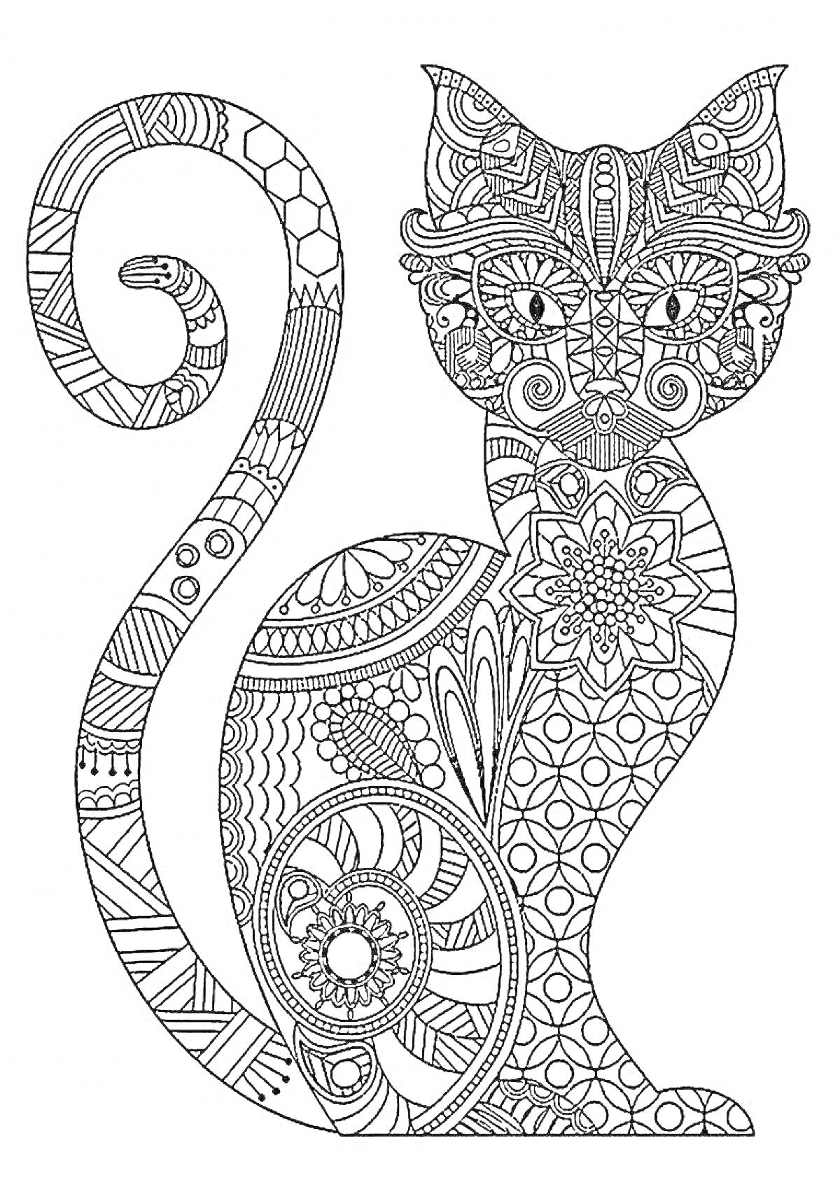 Раскраска Кошка с мандалой и сложным орнаментом на теле и хвосте