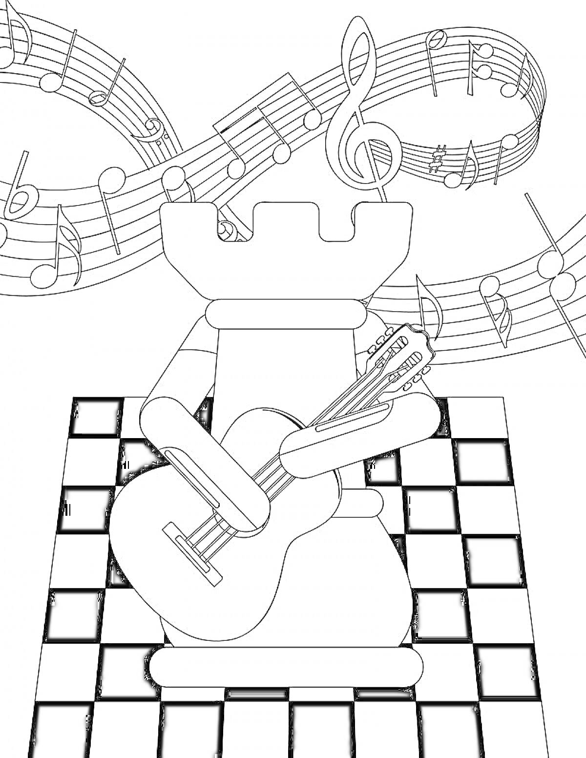 Раскраска Шахматная ладья с гитарой на шахматной доске и нотный стан на заднем плане