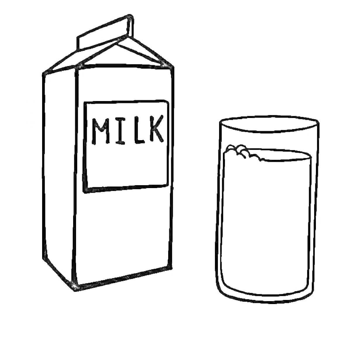 На раскраске изображено: Молоко, Пакет, Стакан, Напиток, Контурное изображение, Продукты
