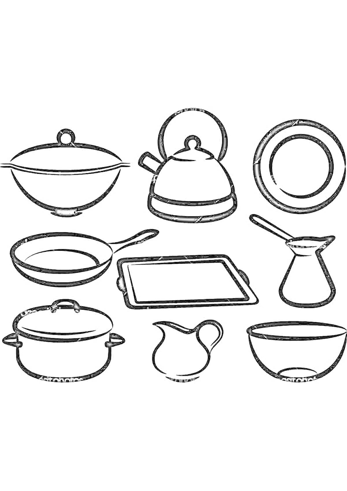На раскраске изображено: Тарелка, Сковорода, Противень, Турка, Кувшин, Миска, Посуда, Кухонная посуда