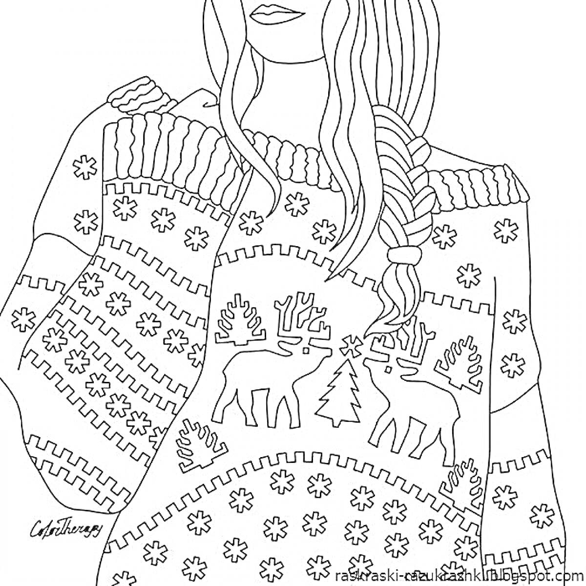 Раскраска Девушка в зимнем свитере с оленями и снежинками