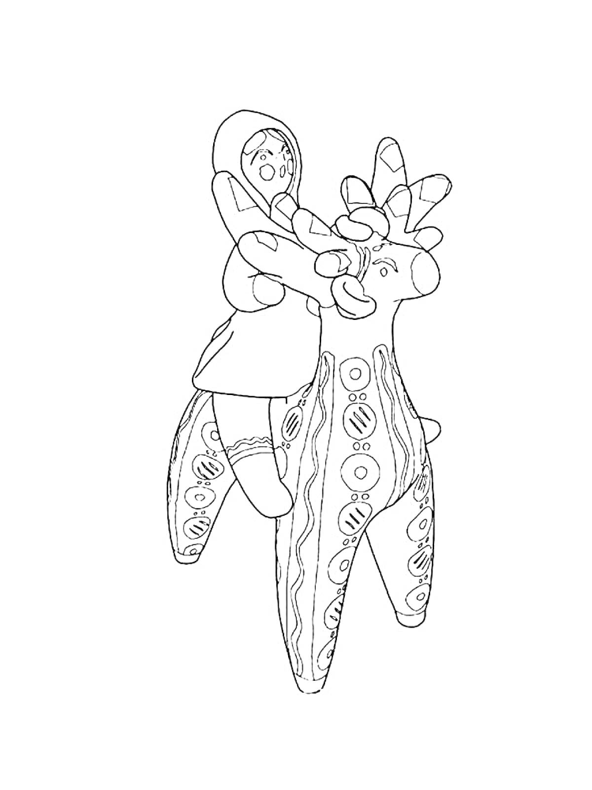 Раскраска Фигурка всадника на лошади с орнаментом в стиле дымковской игрушки