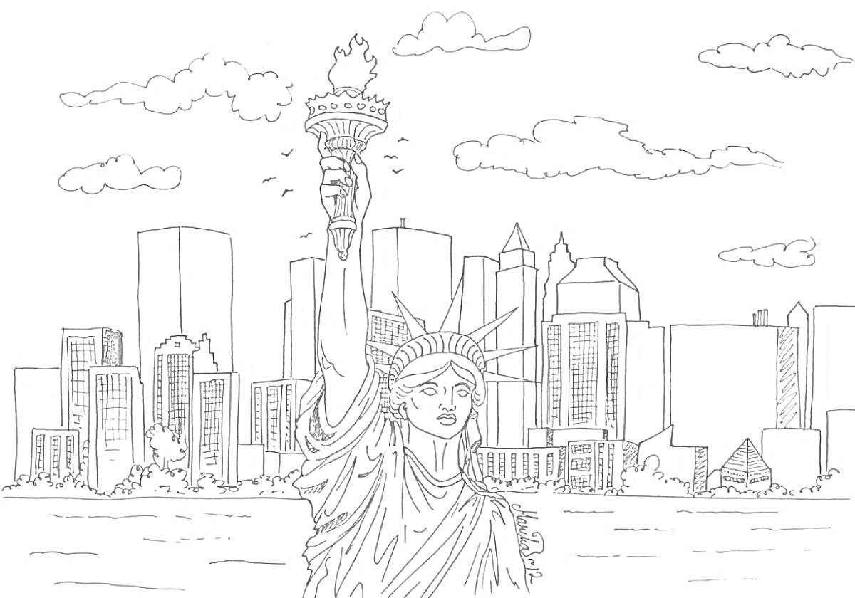 На раскраске изображено: Статуя Свободы, Небоскребы, Нью-Йорк, Облака, Архитектура, Городской пейзаж, США, Аттракцион