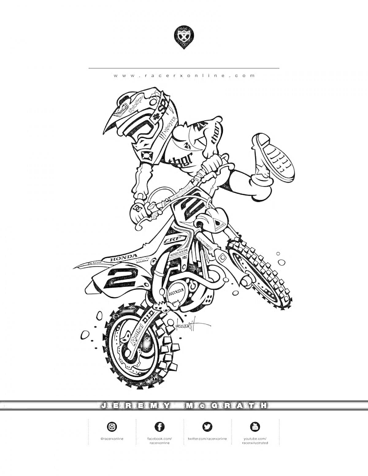 Раскраска Мотокросс на питбайке с гонщиком в шлеме и окулусе