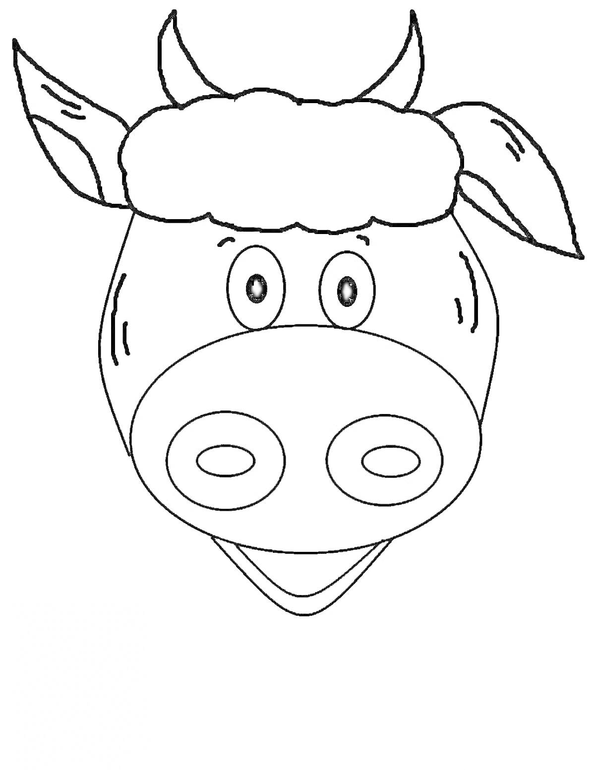 На раскраске изображено: Корова, Голова, Уши, Рога, Глаза, Нос, Мультяшный персонаж
