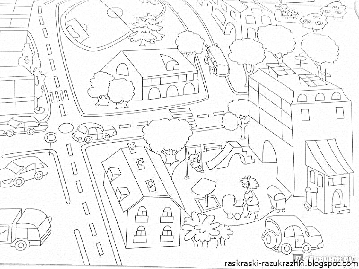 Раскраска Город с парком, домами, дорогой с машинами, детская площадка и магазинчик