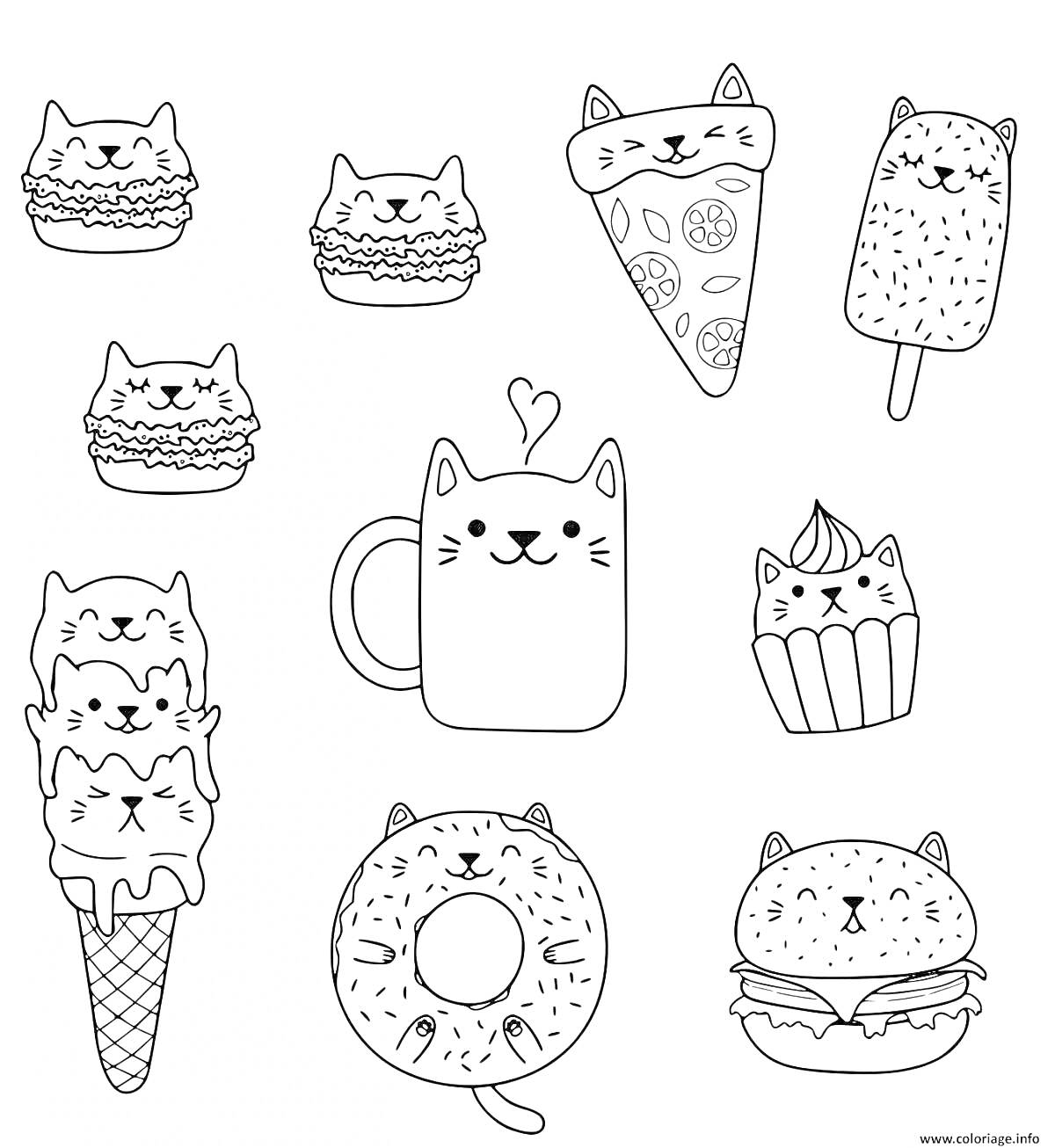 Раскраска кот в пончике, кот в бургере, кот в кусочке пиццы, кот на эскимо, кот в мороженом рожке, кот в кружке, кот в кексе, кот в пончике с хвостом, кот в гамбургере