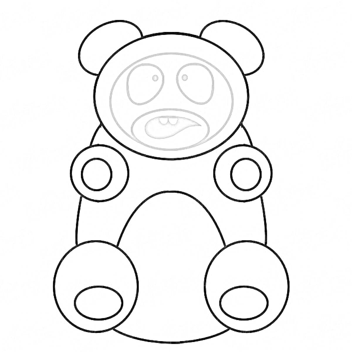 Валера желейный медведь с круглыми лапами и округлыми ушами, с выражением удивления на лице, рот приоткрыт, глаза круглые внутри - зрачки, поднимающиеся вверх
