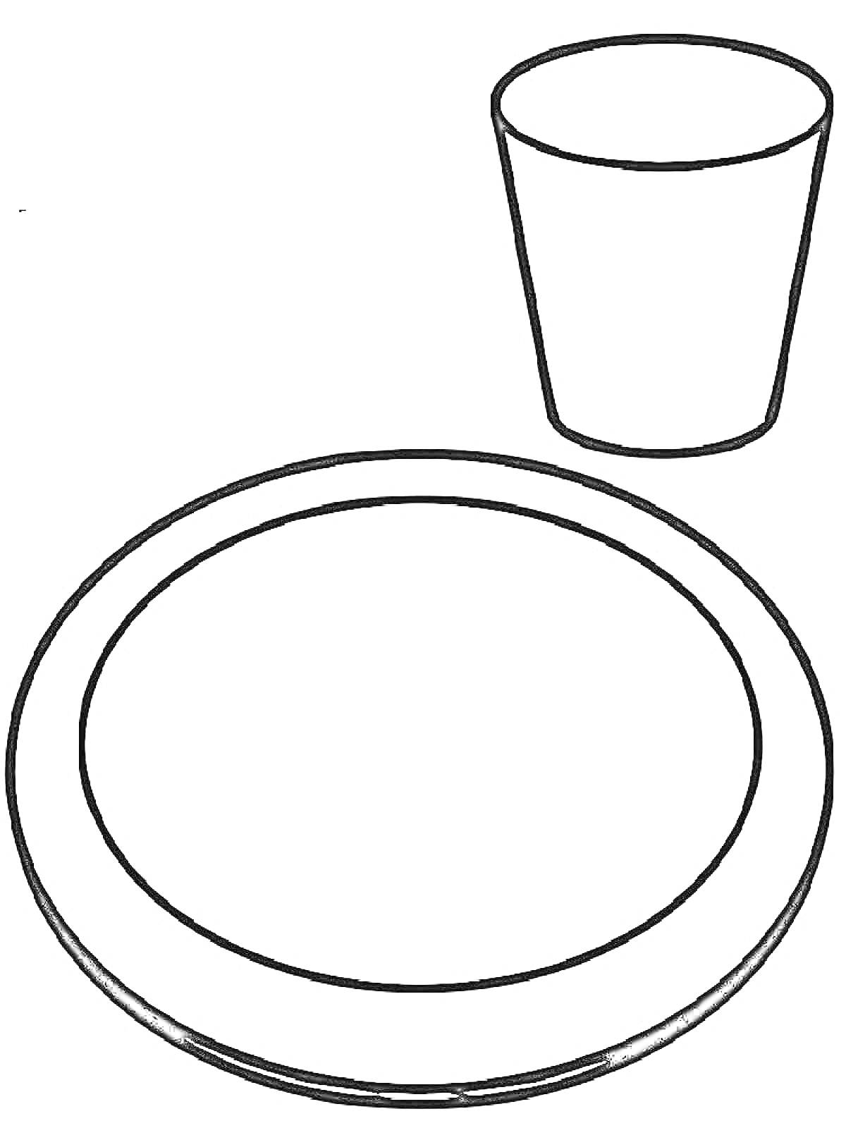 На раскраске изображено: Посуда, Тарелка, Стакан, Кухонная утварь, Для детей