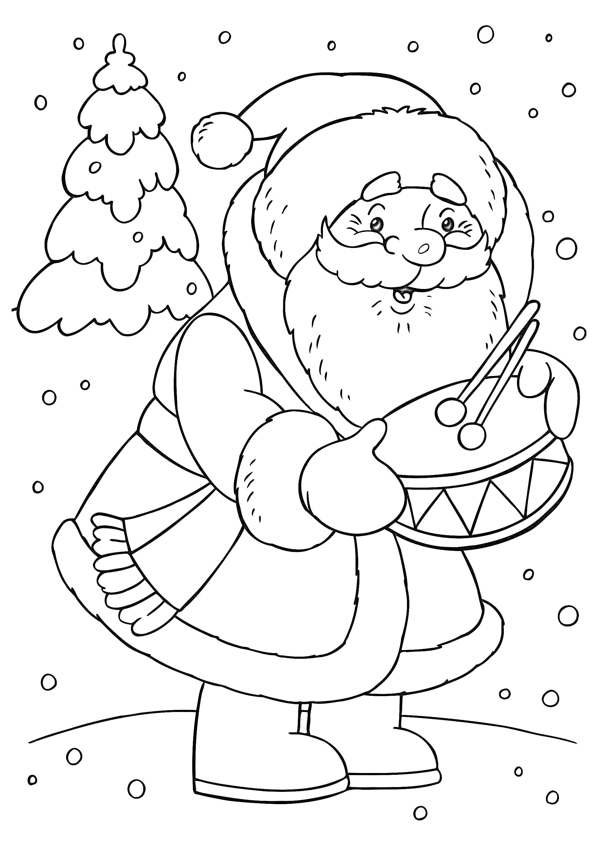Раскраска Санта Клаус с барабаном и елкой на заснеженном фоне