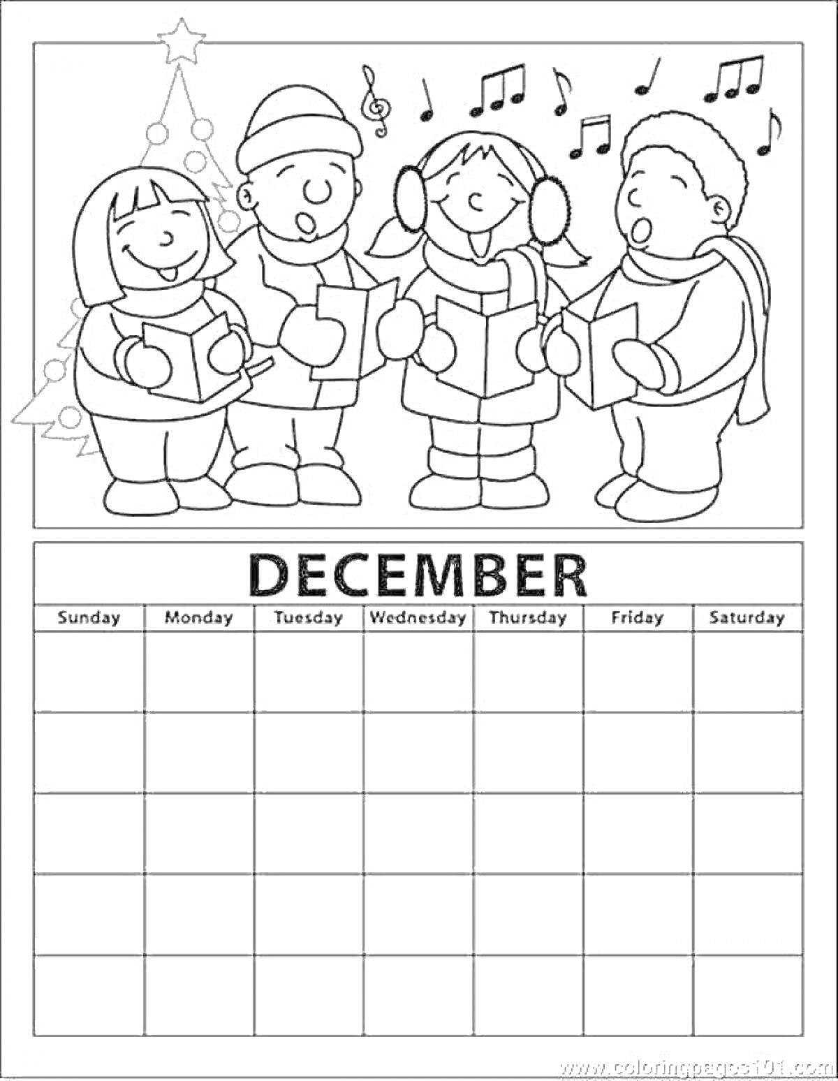 Раскраска Мальчики и девочки поют возле новогодней елки, сверху музыкальные ноты, внизу календарь на декабрь.