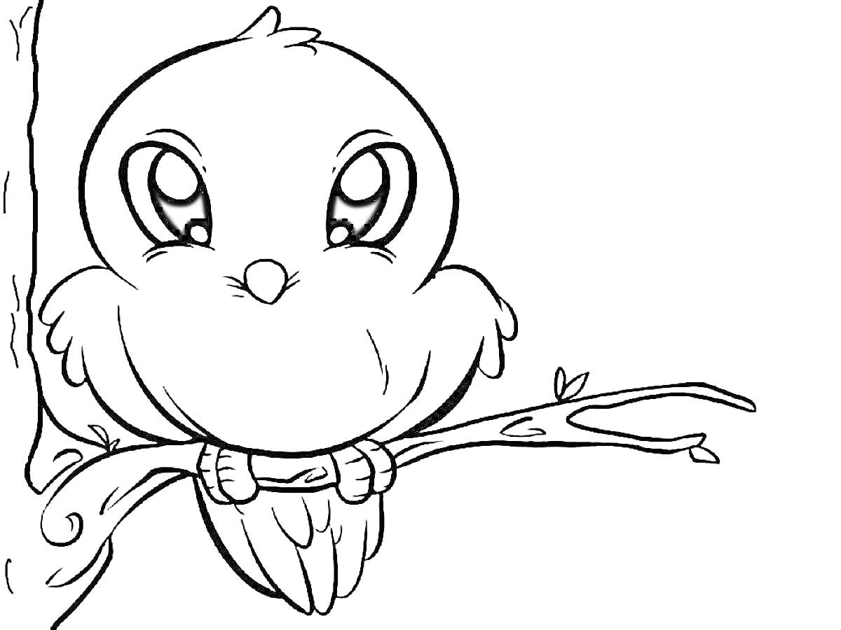 Раскраска Птенец с большими глазами, сидящий на ветке рядом со стволом дерева