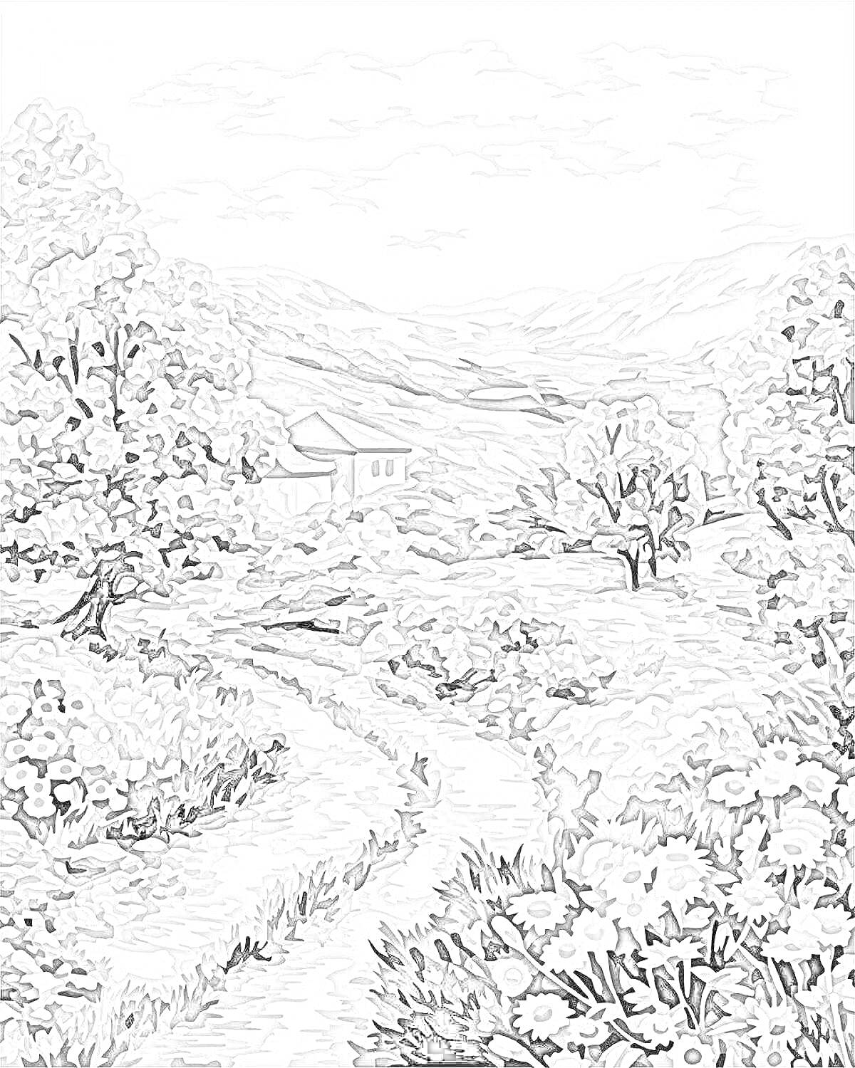 Раскраска Деревенская дорога среди зелени, деревьев, цветов и гор на заднем плане