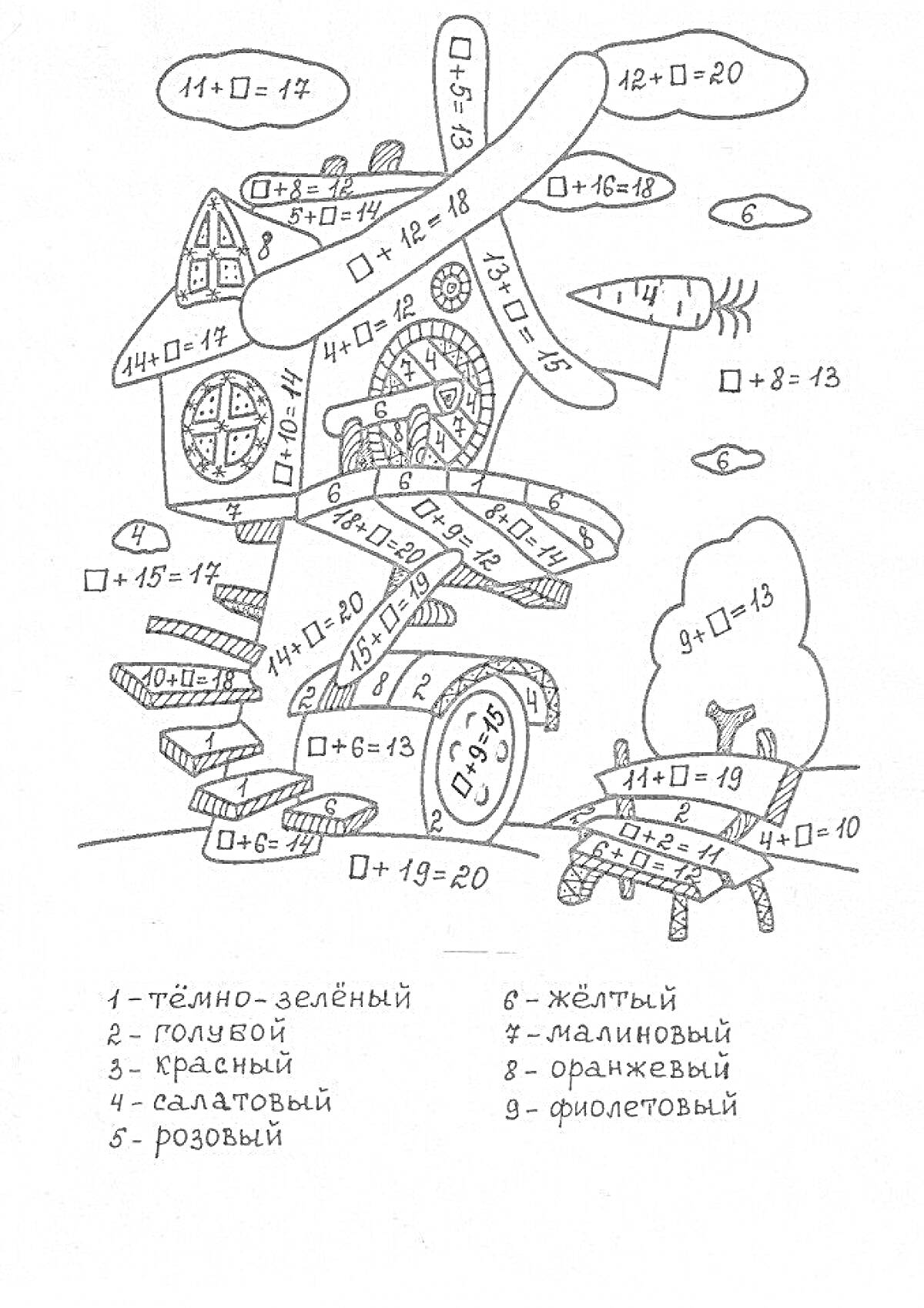 На раскраске изображено: Математика, Сложение, Вычитание, Первоклассник, Дом, Облака