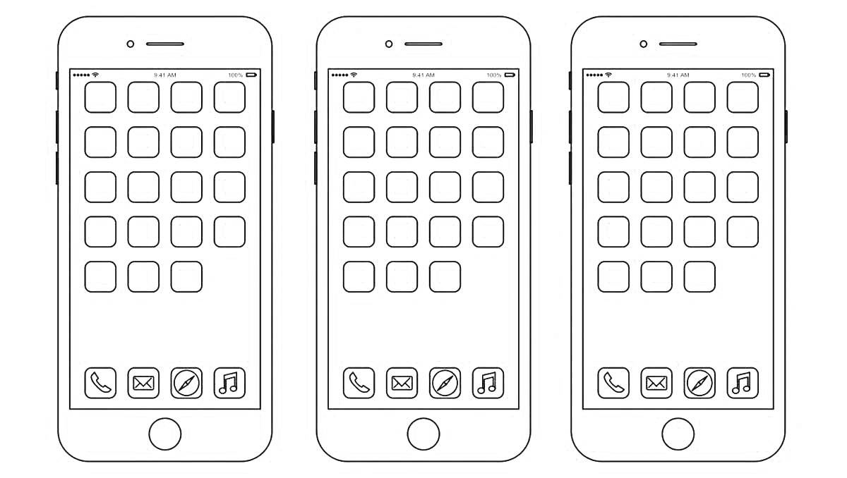 Раскраска Три iPhone 14 с иконками приложений