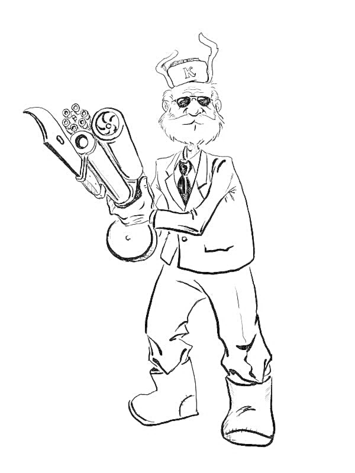 Раскраска Охранник с массивным оружием в костюме и шляпе с рогами