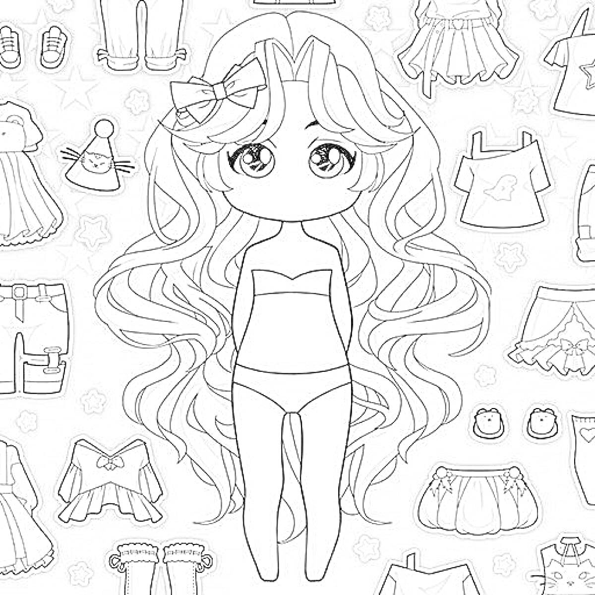 Раскраска Чиби одевалка с длинными волосами, топом, юбками, шортами, джинсами, кардиганом, обувью, сумочками и аксессуарами