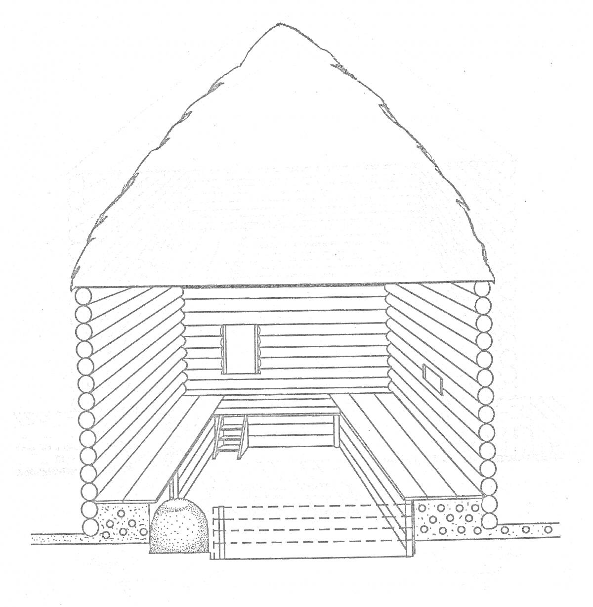 Традиционное деревянное жилище срубного типа с соломенной крышей