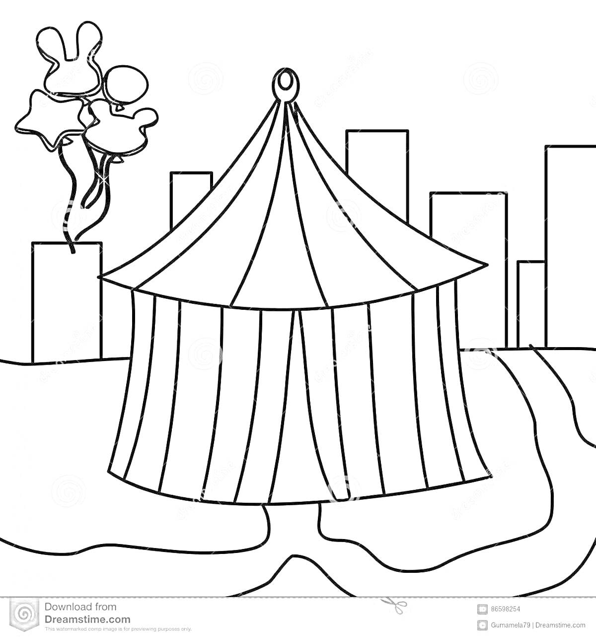 На раскраске изображено: Цирк, Шатер, Здания, Воздушные шары