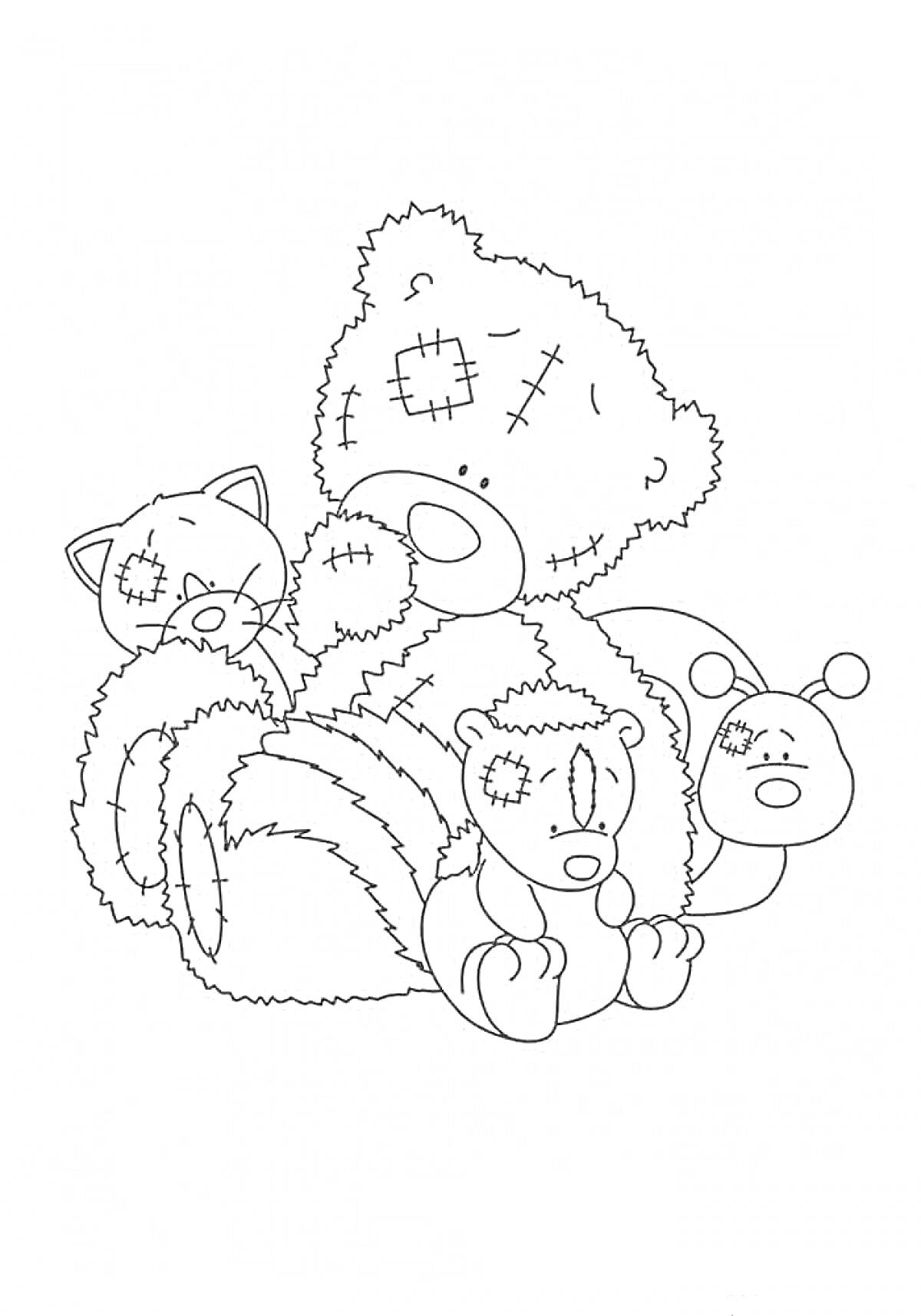 Мишка Тедди с двумя маленькими медвежатами, кошкой и насекомым