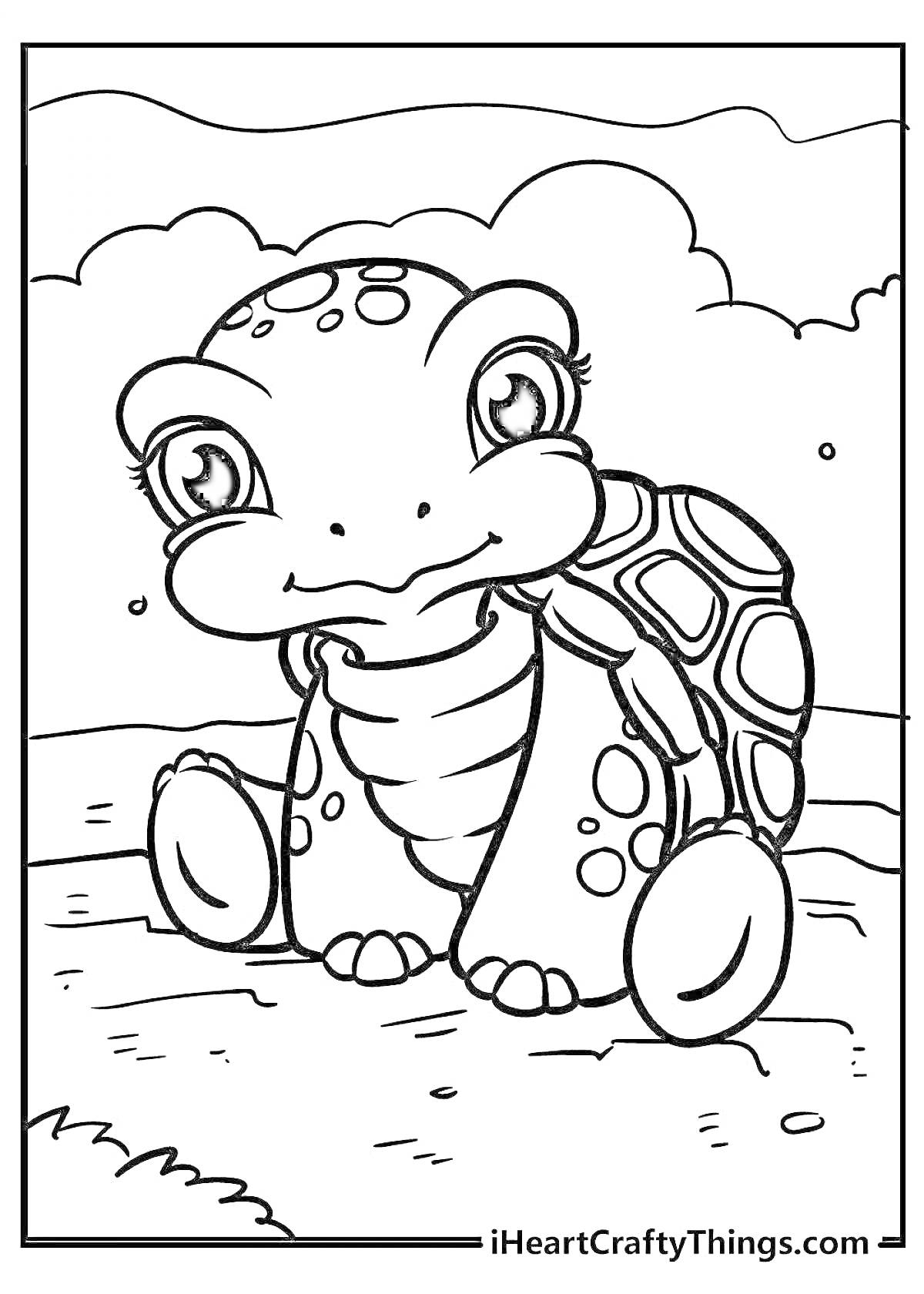 Раскраска Черепаха Тортила на фоне природы, крупный план, мультяшный стиль