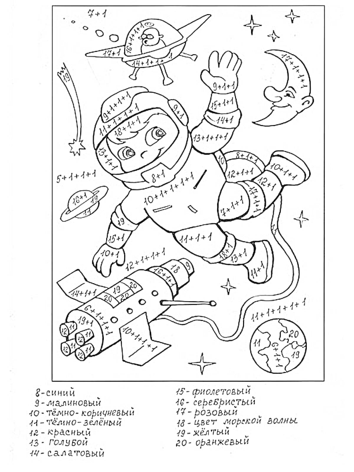 На раскраске изображено: Космос, Ракета, НЛО, Планеты, Звезды, Луна, Земля, Космонавты