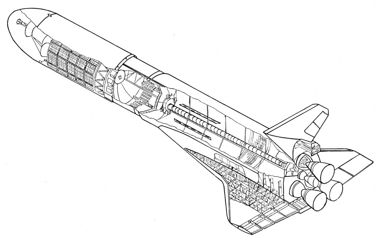 На раскраске изображено: Космический корабль, Схема, Ракета, Двигатели