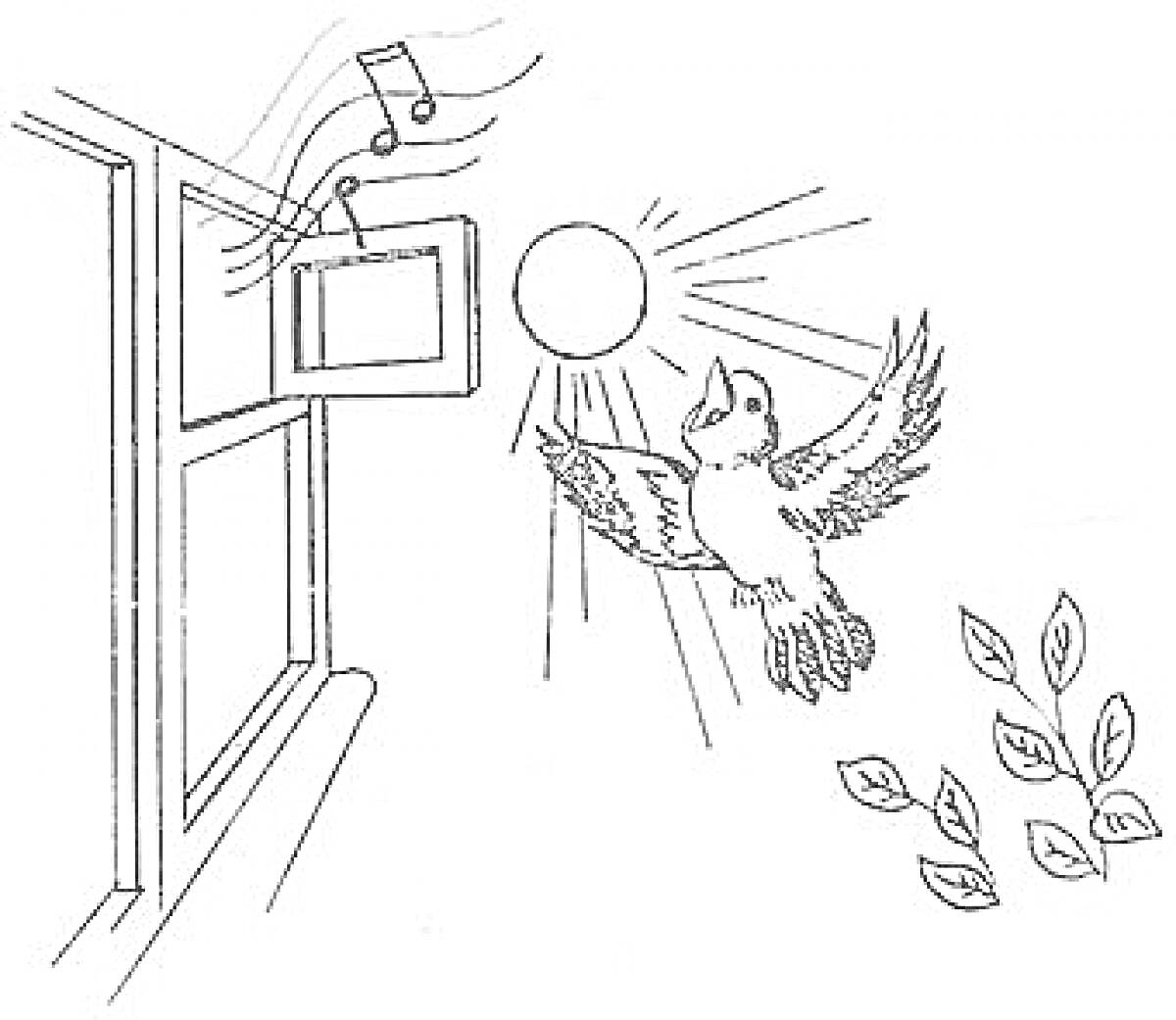 Раскраска Воробей летит перед окном с музыкальными нотами, солнцем и веткой с листьями