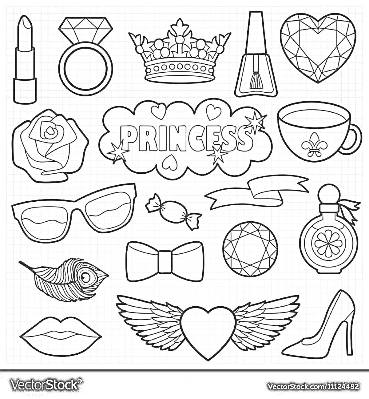 На раскраске изображено: Помада, Кольцо, Корона, Лак для ногтей, Принцесса, Чай, Очки, Лента, Губы, Сердце с крыльями