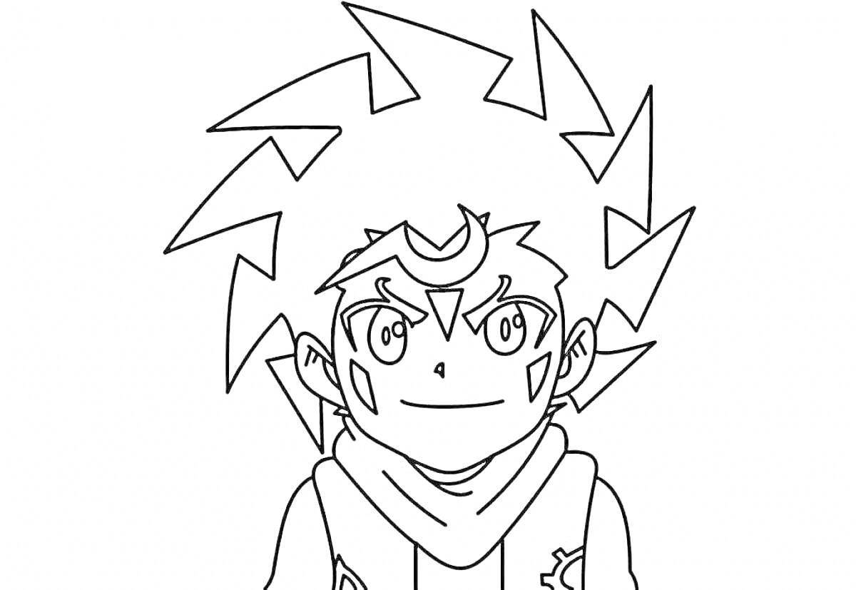 Раскраска Рисунок персонажа из Beyblade Burst с характерной прической в виде молний и шарфом на шее