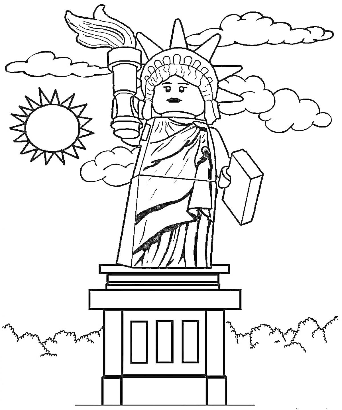 На раскраске изображено: Статуя Свободы, Лего, Постамент, Облака, Солнце, Строительство, Архитектура